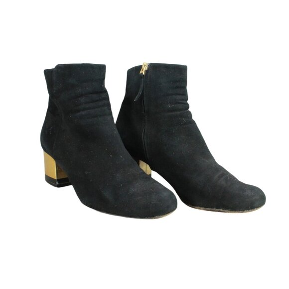 Fendi Women’s Black Suede Gold Heeled Side Zip Ankle Booties 37 / US 7 - Picture 2 of 9